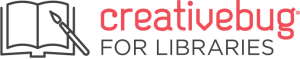 the logo of the creativebug platform features a line drawing of open book with a pen lying diagonally across the page on the right, followed by the words creativebug for libraries
