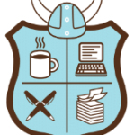 the National Novel Writing Month logo features a viking helmet with horns atop a light blue shield depicting a coffee mug, a laptop computer, a pair of crossed pens, and a stack of paper.