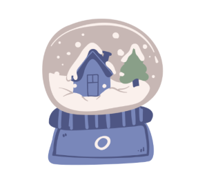 a blue snowglobe with a house and tree inside, covered with snow