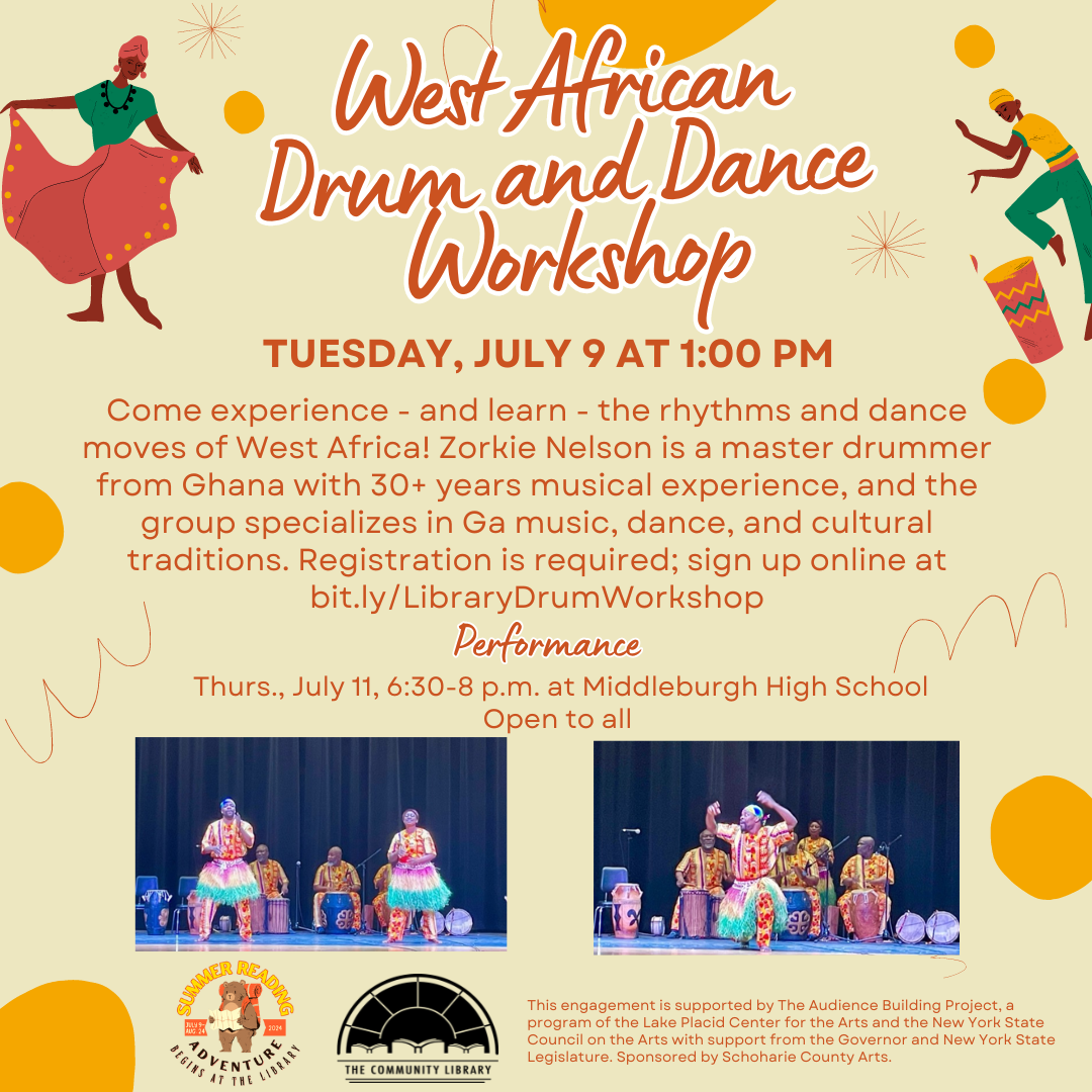 Drum and Dance workshop Tuesday, July 9 at 1:00 pm