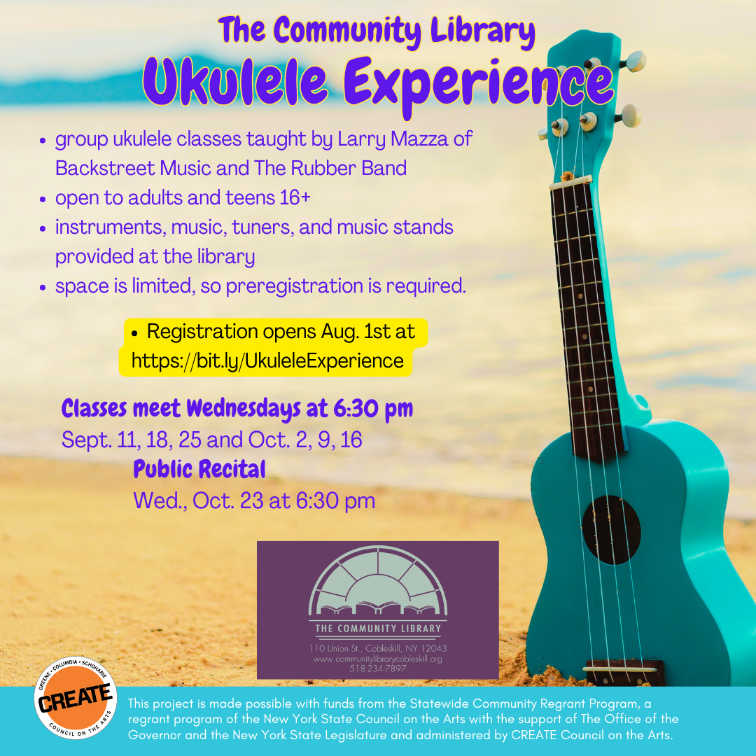 ukulele class Wednesday, September 11 at 6:30. Registration Required.