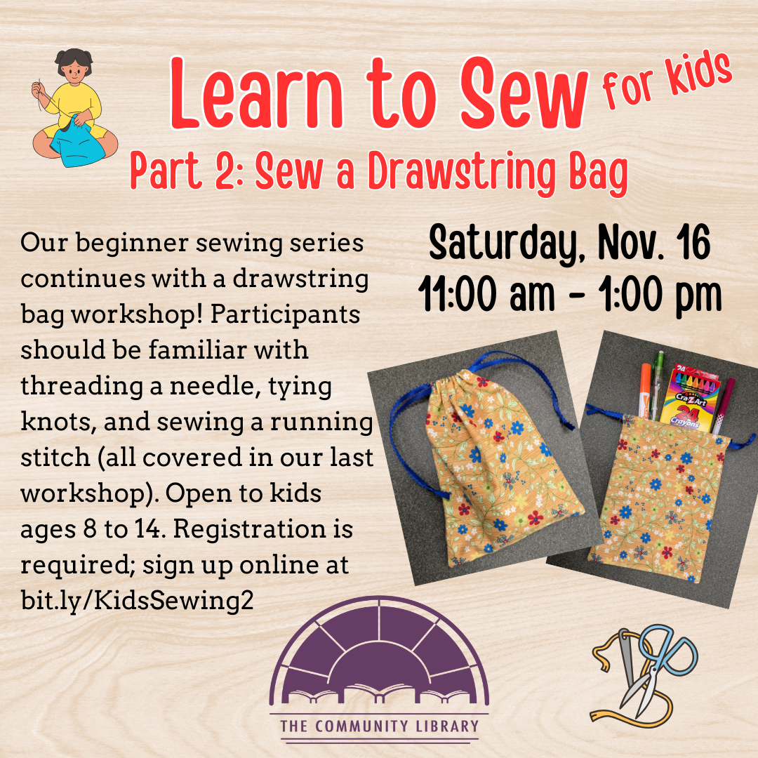 Learn to Sew, workshop for kids on Saturday, November 16 at 11 am