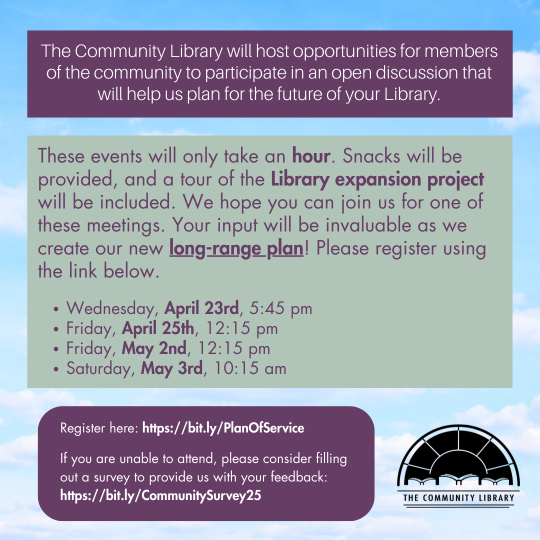plan of service community discussion and tour dates. april 23 at 545, april 25 at 1215, may 2 at 1215, and may 3 at 1015. please register