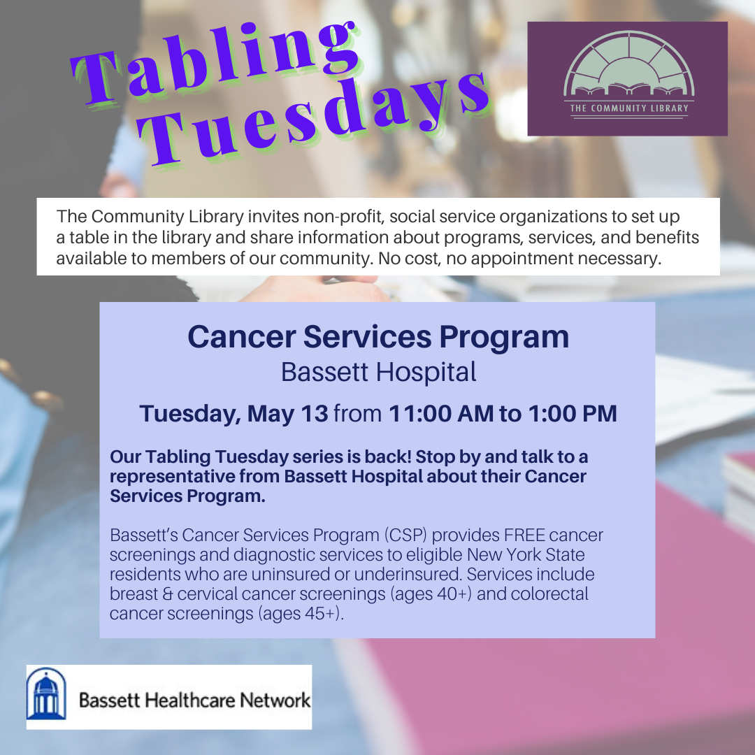 tabling tuesday cancer screening services may 13 from 11 am to 1 pm