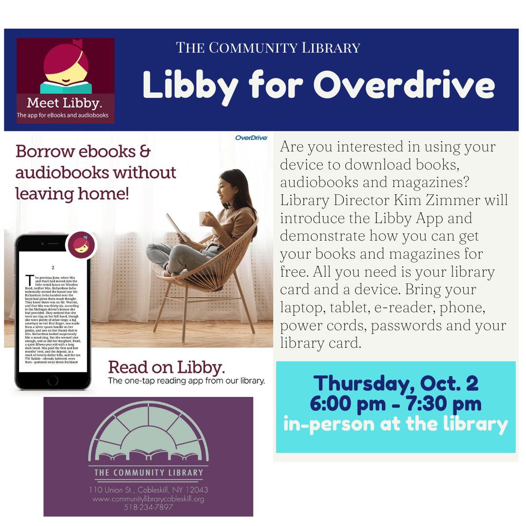 Libby for Overdrive. Oct. 2nd at 6 pm.