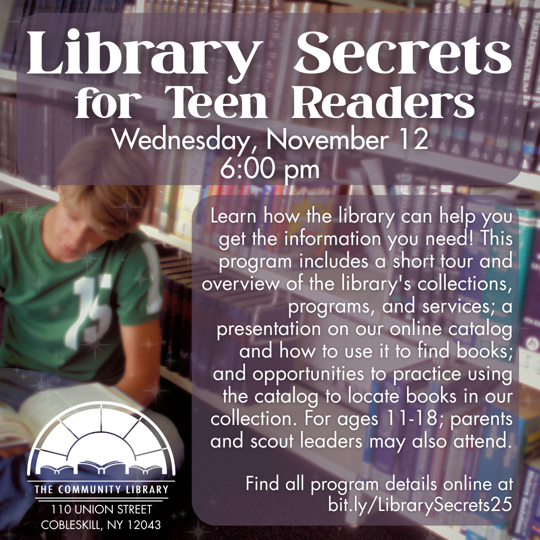 Library Secrets for Teen Readers, Wednesday, November 12 at 6 pm