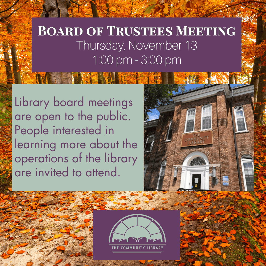 Library Board meeting, Thursday, Novmeber 13 at 1 pm