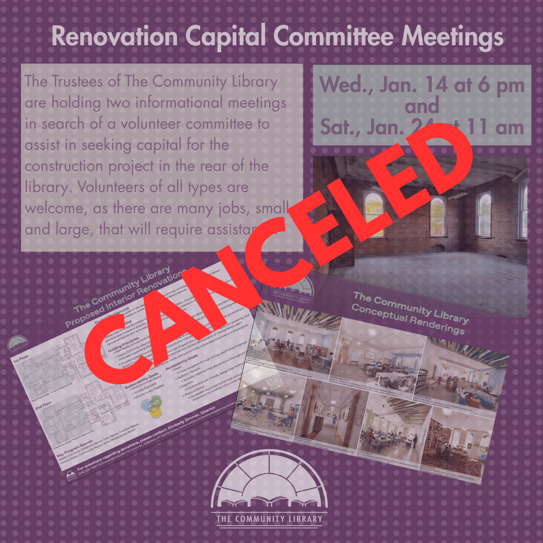 Renovation Capital Committee meeting scheduled for Saturday, January 24 has been canceled.