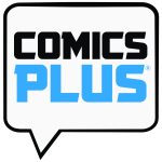 The Comics Plus logo featuring a white speech bubble and the words Comic and Plus and black and blue respectively.