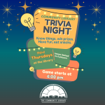 An image of an illustrated series of colorful billboards ringed in lightbulbs with the Community Library logo. Text reads: Community Library Trivia Night. Know things, win prizes, have fun, eat snacks. Third Thursdays of the month at the Library. Game starts at 6:00 pm. Teams limited to five players.