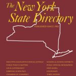 dark red cover of the 2026-2027 New York State Directory with a white outline of New York state